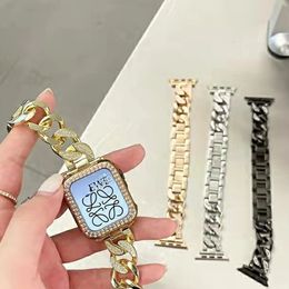 Bracelet en diamant de luxe pour montre, bande en métal doré 38mm 40mm 41mm pour iWatch SE 42mm 44mm 45mm 7 3 4 5 6, Bracelet en acier pour femmes 240313