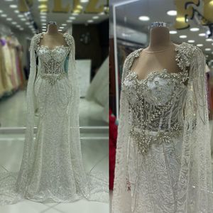 Vestido de novia de sirena con borlas de diamantes de lujo, vestidos de novia con cuentas, vestidos de novia hechos a medida de manga larga, Vestido de novia sin mangas