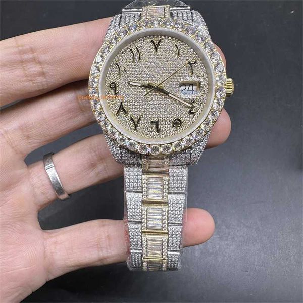 Roles de reloj de diamantes de lujo Últimos hombres Iced Out Swarovski Conjunto de puntas Bisel Caja bi-dorada Números arábigos Correa baguette lateral completa 2824 Movimiento automático cy