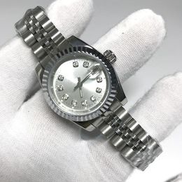 Luxe diamanten Kijk 28 mm maat vrouwen kijken automatische beweging datum roestvrijstalen riem dame horloges saffier glas lichtgevende polshorloge met doos
