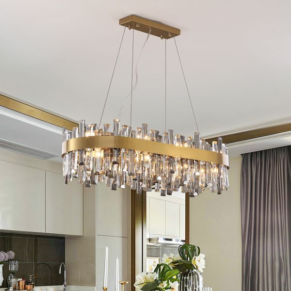 Lustre en cristal de salle à manger de luxe lampes suspendues îlot de cuisine rectangle moderne led luminaires suspendus en or salon luminaires en cristal