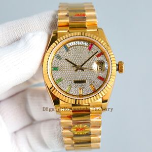 Luxury DJ Factory Alta calidad 128349 Oro amarillo de 18 quilates 36 mm Bisel de diamantes 3235 Reloj automático para hombres 10 Zafiros degradados de arco iris de corte cuadrado