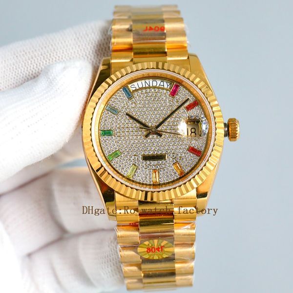 Luxury DJ Factory Alta calidad 128349 Oro amarillo de 18 quilates 36 mm Bisel de diamantes 3235 Reloj automático para hombres 10 Zafiros degradados de arco iris de corte cuadrado