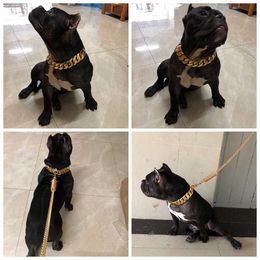 Cadena de perro de lujo 32Mm Cadena de oro grande Collar de perro mediano y grande Collar de perro Bully Collar de mascota de acero inoxidable de oro de 24K X0703