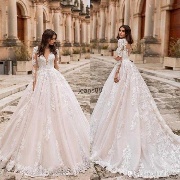 Vestidos de novia de lujo Dolly A-Line Sheer con cuello en V Apliques de encaje Mangas largas Vestidos de novia Tallas grandes Vestidos de novia de tul