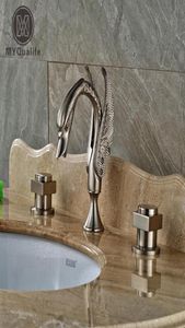 Luxe dubbel vierkante handgrepen badkamer kraan dekbevestiging geborsteld nikkel zwaan wasbekken bassin mixer taps4035462