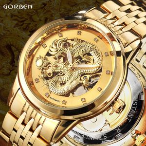 Luxe Dragon Skeleton Automatische mechanische horloges voor herenpol horloge roestvrijstalen riem Gold Clock Waterdichte heren Relogio Y19052 298H