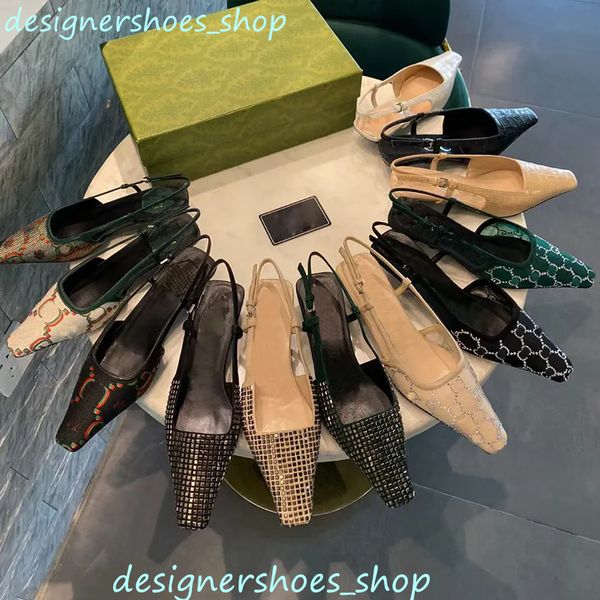 Zapatos de vestir de lujo Zapatos con cordones de corte poco profundo Sandalias Slingback Tacón medio Malla negra con cristales brillantes Zapatos estampados Cuero de goma Zapatillas con correa en el tobillo de verano