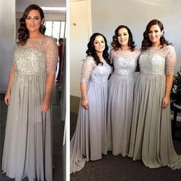 Luxe Dubai Arabisch Beaded Sequin Bruidsmeisjes Jurken Lang 2018 Lichtgrijze Chiffon Kant Illusion Half Mouw Maid of Honour Glozen EN10511