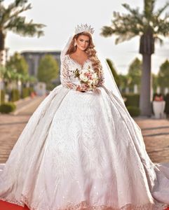 Luxe Dubai baljurk trouwjurken lange mouw kraal parels bruidsjurken glitter lovertjes Vestido de novia