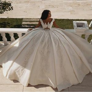 Luxe Dubai Baljurk Trouwjurken V-hals Kant Geappliceerd Bruidsjurken Elegante Arabische Custom Made Vestidos de Novia