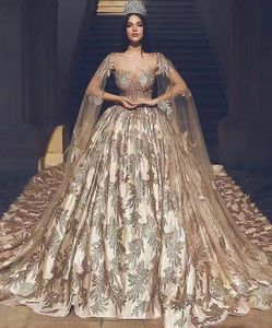 Luxe Dubaï Champagne Robe De Mariée En Or 2023 Vintage Paillettes Paillettes Robe De Bal À Manches Longues Train Cathédrale Église Robe De Mariée De Mariee Illusion Décolleté