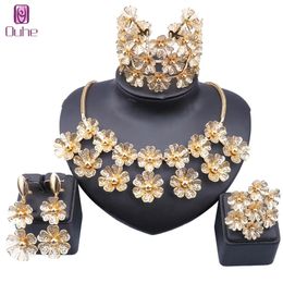 Luxus Dubai Gold Farbe Blume Schmuck Set Italien Elegante Frauen Halskette Ohrringe Armreif Ring Braut Hochzeit Party Zubehör