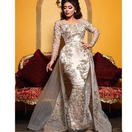 Luxe Dubaï Dentelle Sirène Robes De Soirée Avec Train Détachable À Manches Longues Appliques Perles Plus La Taille Formelle Robe De Bal Robe De Mari￩e