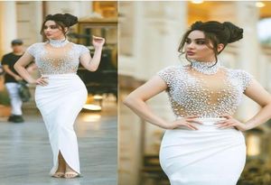 Luxe Dubai Parels Strakke Prom Jurken Naakt Wit Hoge Hals Illusie Mouwen Formele Avondjurken Gala Split Plus Size Part2518587