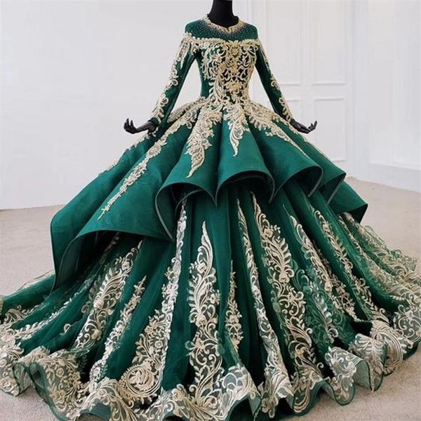 Vestidos de quinceanera de lujo Dubai de manga larga de cuello alto de color verde transparente de cuello de color marino