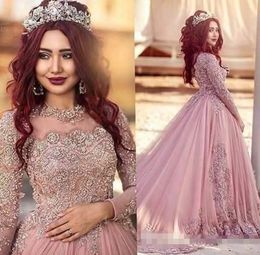 Luxe poussiéreux rose arabe robes de mariée bijou cou perlé cristal chapelle train Tulle Illusion manches longues robe de mariée vestido d217m