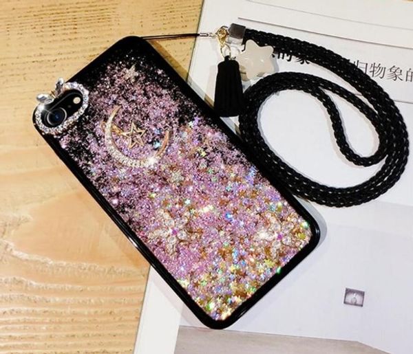 Luxury Dynamic Liquid cases Glitter Star Quicksand Case Diamond Rhinestone Bling cover para 14 13 12 11 iPhone X 8 7 plus 6 6s plus con cuerda colgante