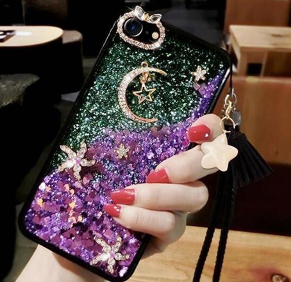 Pour iPhone 11promax et Samsung S20 Dynamic Liquid Glitter Star Quicksand Case Mode Diamant Strass Bling Cas avec sac opp