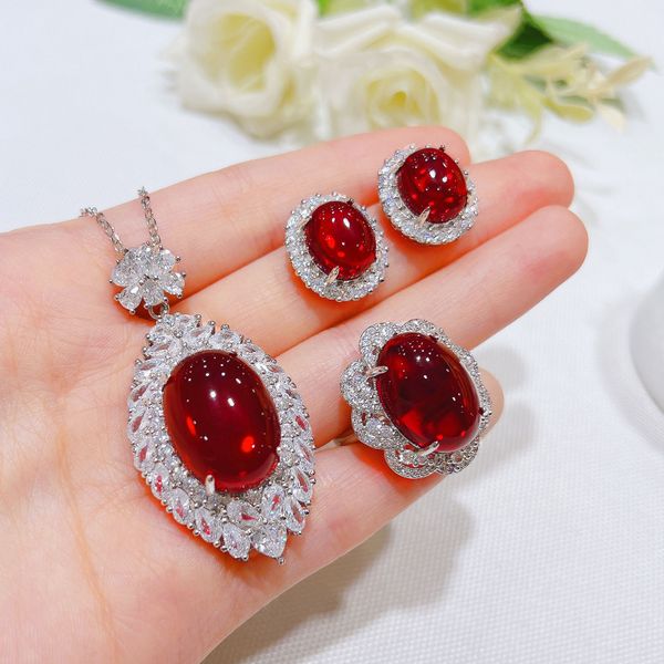 Conjunto de joyas de diamantes de rubí de huevo de lujo, anillos de boda de compromiso de plata de ley 925, collar de pendientes para mujer, regalo de promesa Bijou