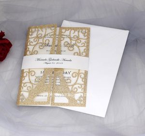 Tour de luxe Eiffel Tower Paris paillettes Laser Cut Invitations Cartes avec ceinture de crème pour le mariage Brial Douche anniversaire Quinceanera inv3502324