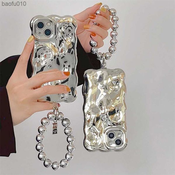 Cas de téléphone de modèle de météorite 3D galvanisé de luxe pour iphone 14 13 11 12 Pro Max argent couverture antichoc bracelet de perles rondes L230619
