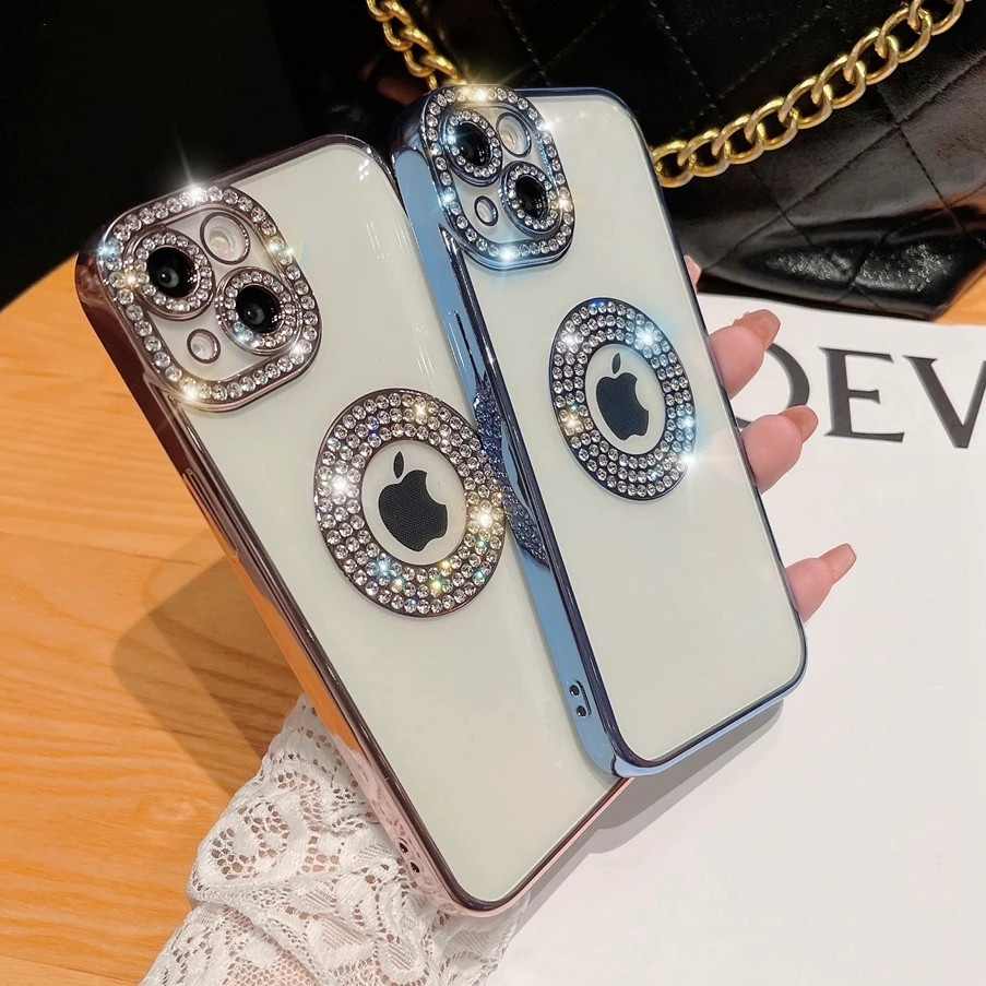 Casos telefônicos eletroplatados de luxo para iPhone 14 11 12 13 Pro máximo x xs xr 7 8 plus oco com capa de silicone macio transparente diamante