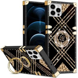 Luxe elegante gouden zwarte klinknagel vierkante doos cases luipaard veer geometrische rozenbloem diamanten ringstandaard zacht tpu trunk voor iPhone 14 13 12 11 pro max xr xs x 8 7 6 plus