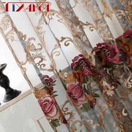 Cortinas de gasa de tela de Organza con flores bordadas de lujo para sala de estar cortinas transparentes para puerta de dormitorio balcón WP0063 Y200421