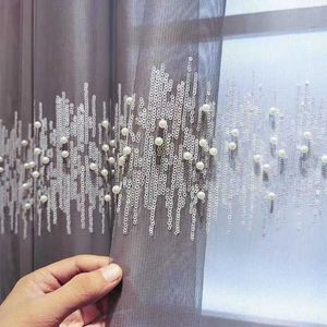 Cortinas de tul con lentejuelas 3D bordadas de lujo para sala de estar, cortina transparente con perlas grises y blancas para ventana de dormitorio infantil, pantalla 210712