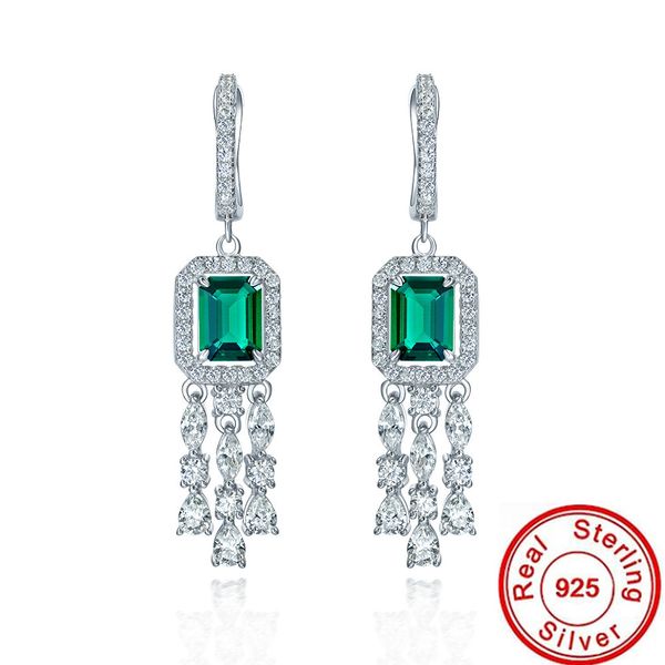 Boucles d'oreilles en diamant émeraude de luxe 100% réel 925 en argent Sterling fête mariage boucles d'oreilles pendantes pour femmes bijoux de fiançailles