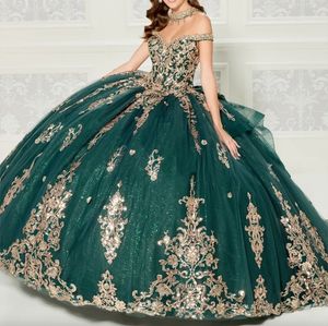 Luxe Smaragdgroen Quinceanera Jurken Off Schouder Baljurk Corset Verjaardagsfeestje Jurk Goud Applique Kralen Vestidos De 15