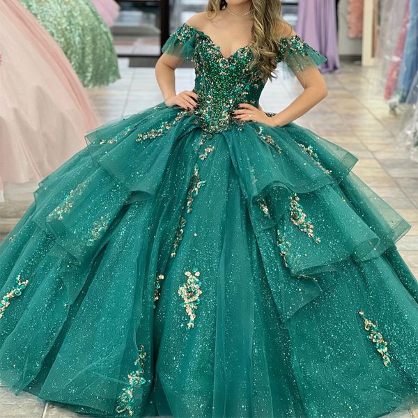 Robe de luxe vert émeraude, col en v, robe de soirée, princesse, dentelle, perles, épaules dénudées, pour 16 ans, 2024