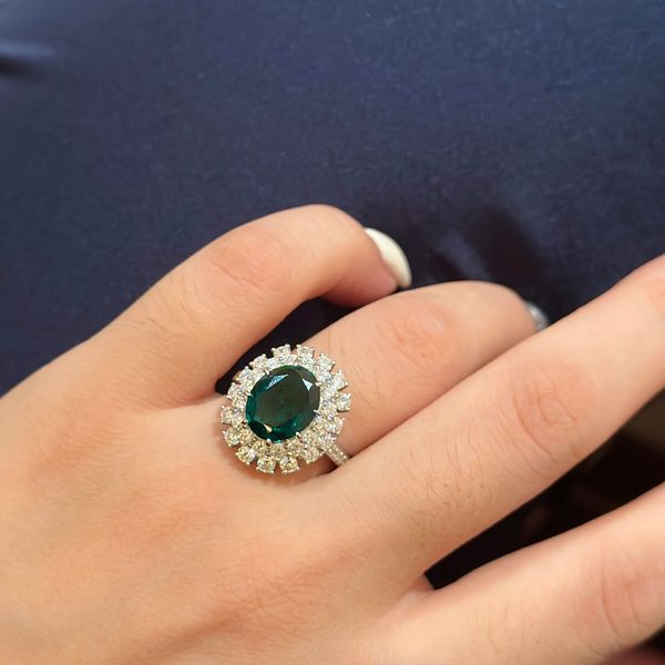 Anillo de esmeralda de lujo, anillos de diamantes de diseñador para mujer, anillo de compromiso de girasol clásico, joyería de plata de ley 925 de alta calidad