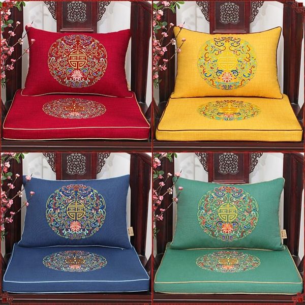 Lujo étnico bordado fino feliz sofá silla cojín del asiento algodón lino estilo chino almohada lumbar de alta gama decorativa gruesa Cus219b