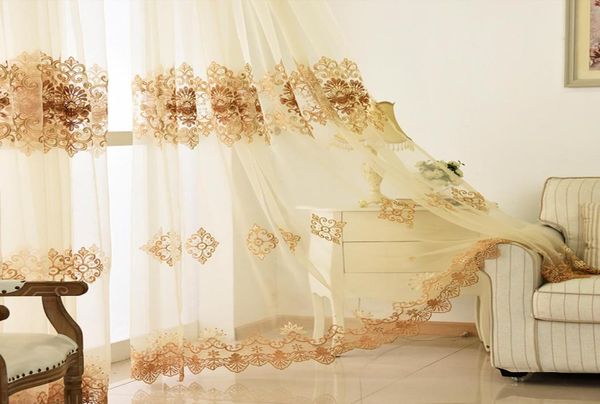 Curtains en tulle beige brodés européens de luxe pour le salon balcon blanc voile transparent tissu pour chambre WP16030 Y24282020