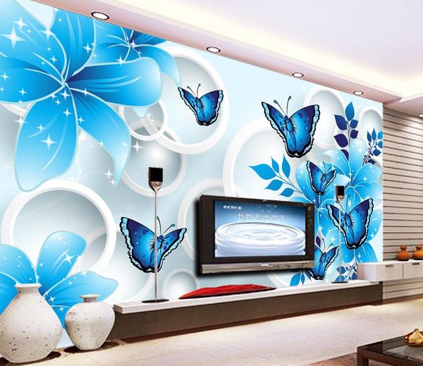 Luxe européen moderne bleu lys papillon 3d tv papier peint 3d papier peint 3d papiers peints pour la toile de fond tv