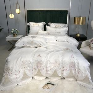 Luxe Europese Jacquard Beddengoed Set 4 Stuks Wit Borduren Bed Cover Zijdeachtig Satijn Katoen Prinses Dekbed Dekbedovertrek Laken Pillowc231Y