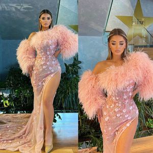 Luxe avondjurken Afrikaanse Dubai One Shoulder Feather Mermaid Prom jurk Bloemen applique formele feestjurken