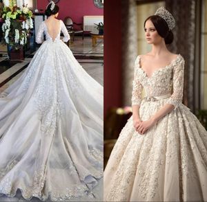 Luxe Dure 2016 Vintage Trouwjurken Sexy Bling Beaded Applique Bordroidry 3/4 Lange Mouw Een lijn Backless Cathedral Bridal Towns