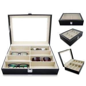 Boîte de rangement de lunettes de soleil de luxe, avec fenêtre, présentoir de lunettes en simili cuir, organisateur de rangement, collecteur 8 fentes