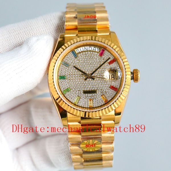 Fábrica de lujo de alta calidad 128349 Oro amarillo de 18 quilates 36 mm Bisel de diamantes 3235 Reloj automático para hombres 10 Zafiros degradados de arco iris de corte cuadrado