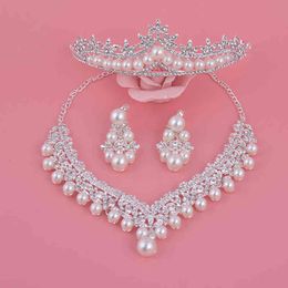 Luxe Mode 2018 Kettingen Oorbellen Tiara Rhinestone Crystal Pearl Wedding Bruid Party Groothandel Bridal Sieraden Sets