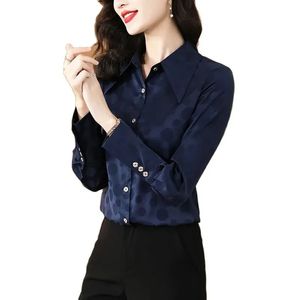 Luxe Mode Blauwe Polka Dot Blouses Dames Designer Zijde Satijn Runway Shirt 2023 Herfst Winter Vintage Revers Klassiek Overhemd met Knopen Kantoor Dame Chic Plus Size Tops