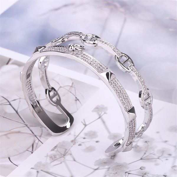 Marque de mode de luxe Bijoux Lady Laiton Double Rangées Réglage Diamant Carré Rivet H Lettre Or 18K Fiançailles Bracelets Ouverts Anneau 280a