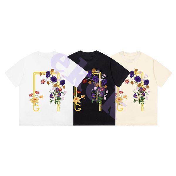 Camiseta de marca de moda de lujo para hombre, camiseta holgada de manga corta con estampado de letras y flores, camiseta holgada de cuello redondo, Top negro albaricoque blanco