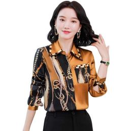 Luxe mode contrast kleur landingsbaan shirts 2023 dames designer straatstijl zijden blouse lente herfst kantoor dame elegante formele print knop omhoog satijnen tops