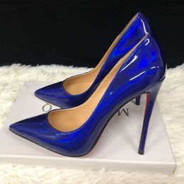 Créateur de mode de luxe bas rouges sexy bout pointu talons hauts semelle rouge nouveau nacré noir bleu royal vin rouge cuir verni mince talon haut 10 cm pointu simple s