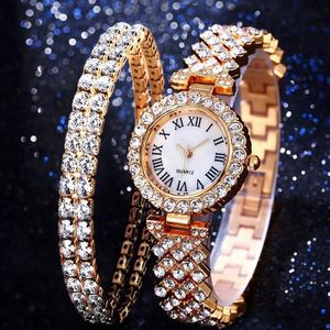 Luxe mode diamant kwarts horloge dubbele armband 2pcs set prachtige cadeau fabriek outlet dames horloge polshorloges284o