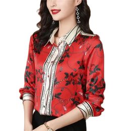 Camisa roja de satén Floral para mujer, blusas de seda brillante con solapa de manga larga de diseñador, camisas con botones gráficos para otoño e invierno, camisas elegantes para oficina para mujer 2023